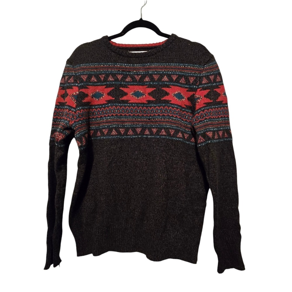 Vtg Aztec Mens Pullover Crew Neck Sweater LG Black Western Rodeo Grandpa Cowboy